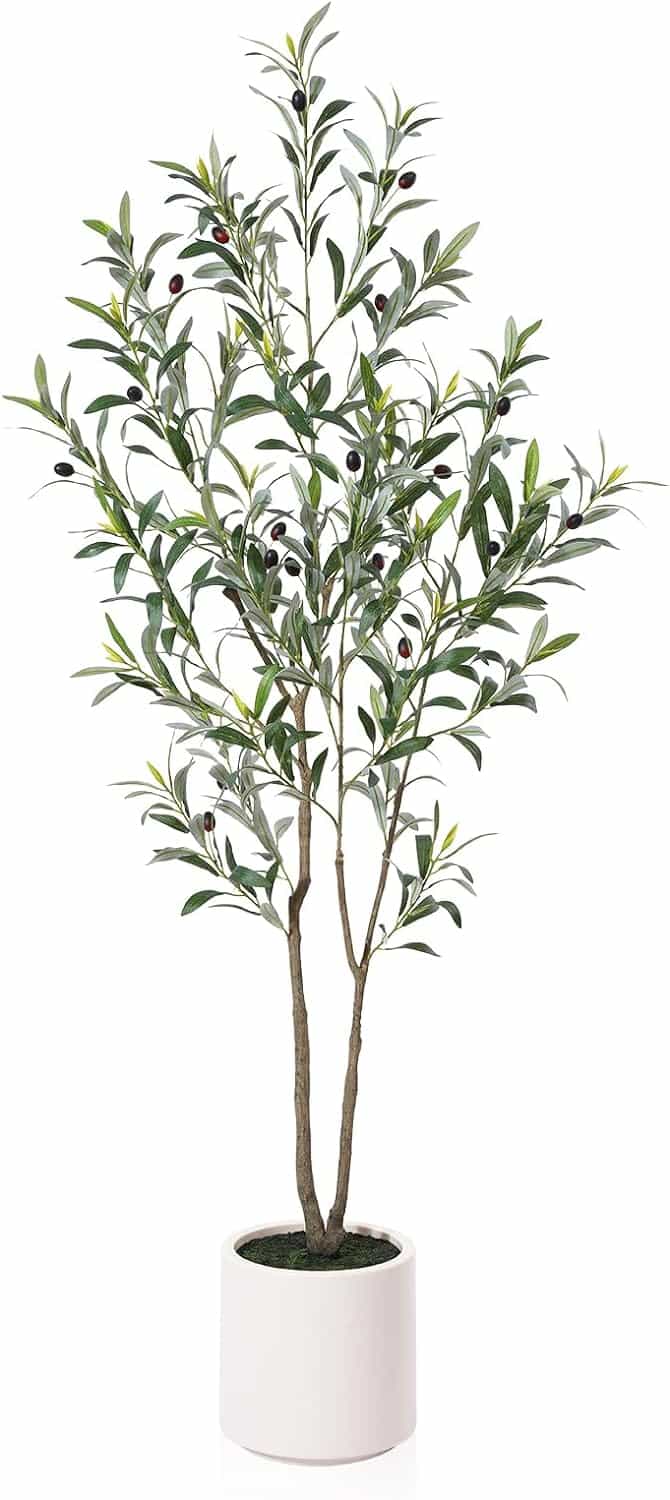 Artificial Olive Trees, 5 ft Tall Fake Olive Trees for Indoor, Faux Olive Silk Tree, Large Olive Plants with White Planter
