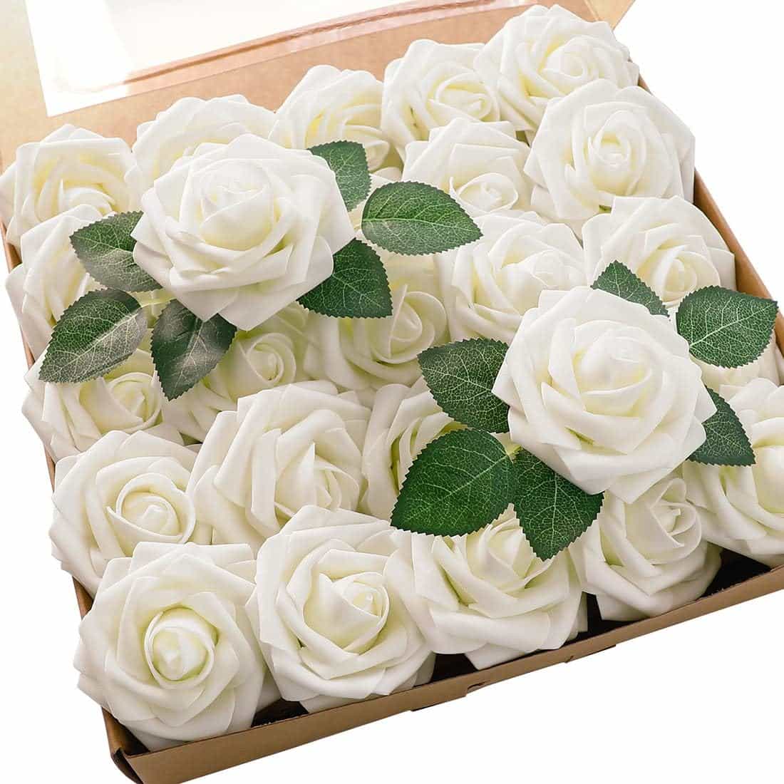 Artificial Flowers 25pcs Real Looking Ivory Foam Fake Roses with Stems
